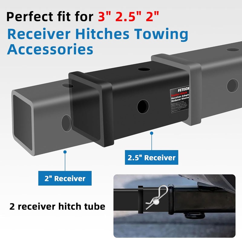 Fetechmate Trailer Hitch Receiver Extender Adapter Reducer Sleeve Set by , 3" to 2", 3" to 2-1/2", 2-1/2" to 2" Carbon Steel Extender Towing Trailer Hitch Receiver with Pin & Clip - Image 3